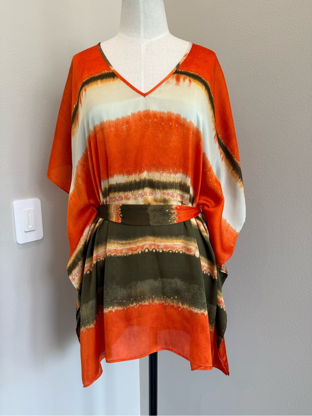Michael Kors Orange and Olive V-Neck Belted Tunic